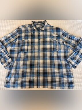 Magellan Fish Gear Plaid Shirt Relaxed Fit Blue White Mens 4XL Moisture Wicking
